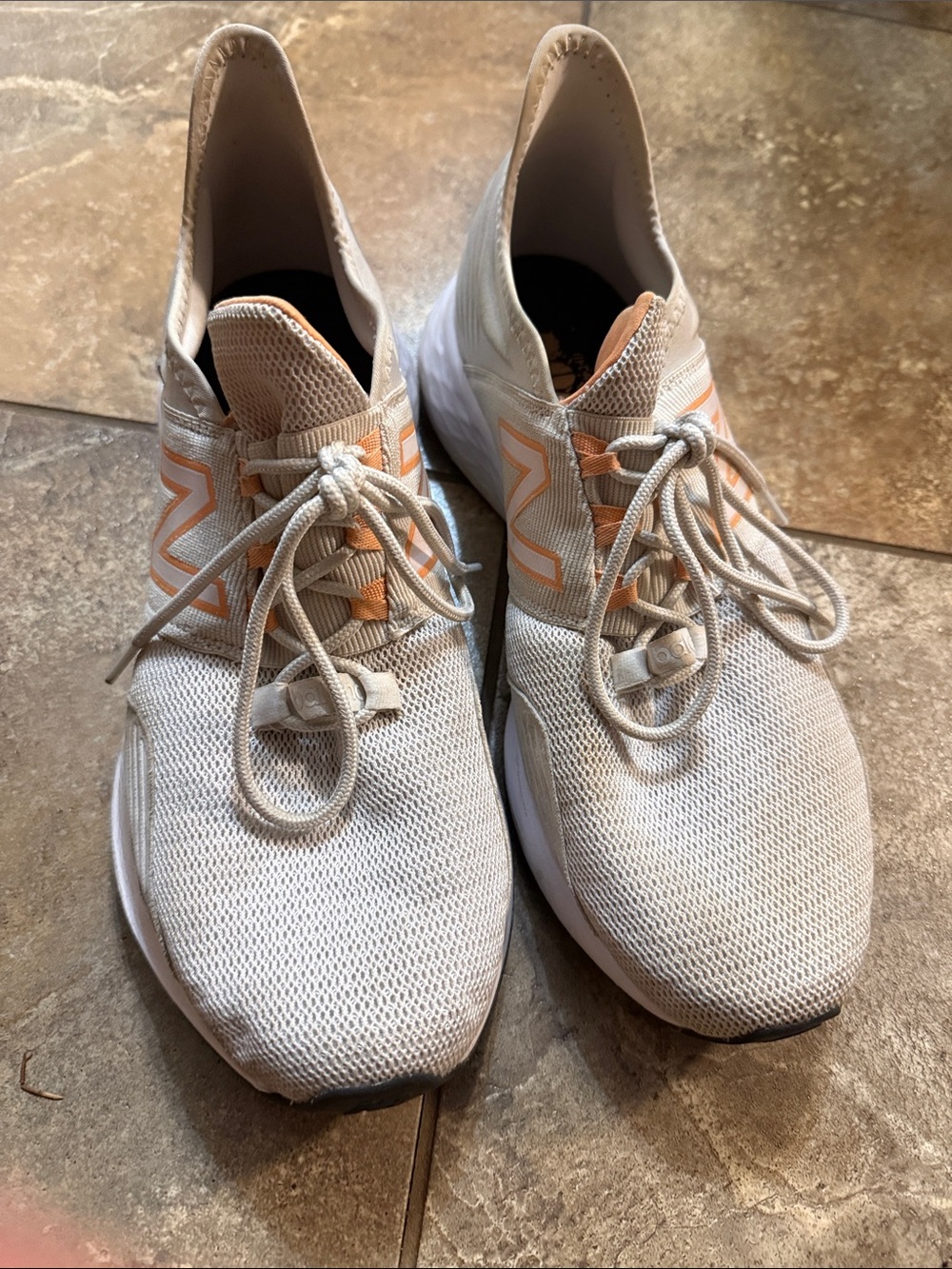 New Balance Cream Knit Athletic Sneakers with Peach Details